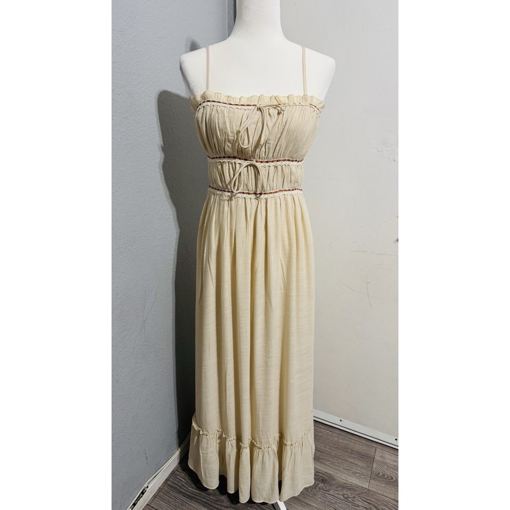 Cottagecore Sincerely Jules Cream Smocked Peasant Maxi Bohemian Tiered‎ Dress M - Picture 3 of 15